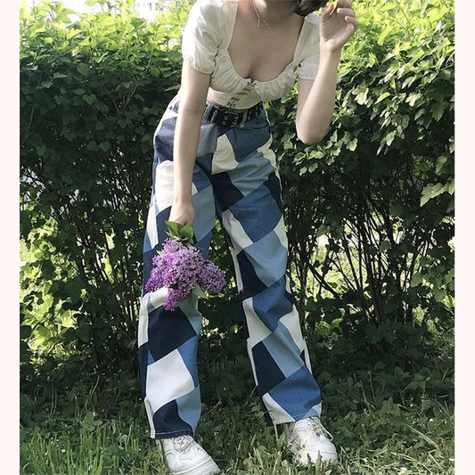 "BLUE WHITE CONTRAST DIAMOND CHECK" JEANS N040702