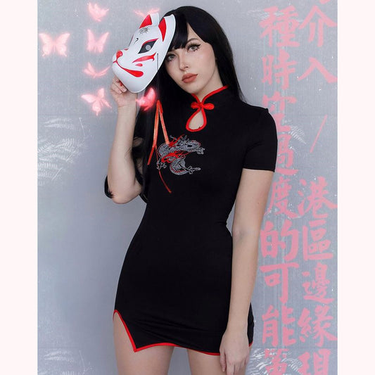 “BLACK EMBROIDERED DRAGON CHEONGSAM" DRESS D051207