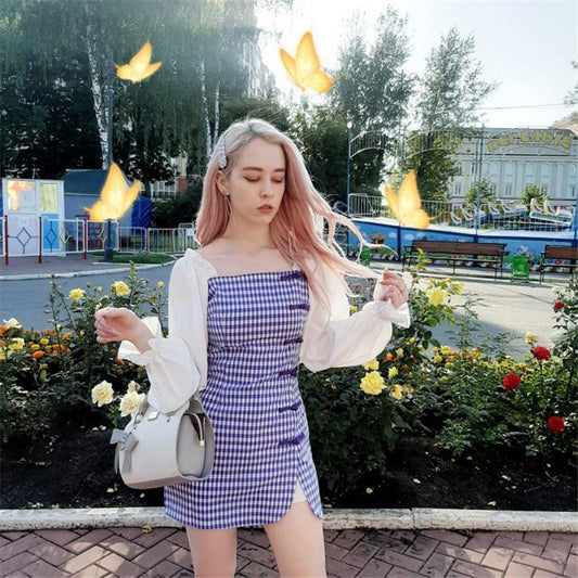 [@lada9] "SQUARE NECK PURPLE GRID LONG SLEEVE CHEONGSAM" DRESS D042408