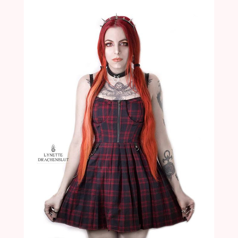"RED BLACK PLAID PLEATED STRAP" DRESS D060503