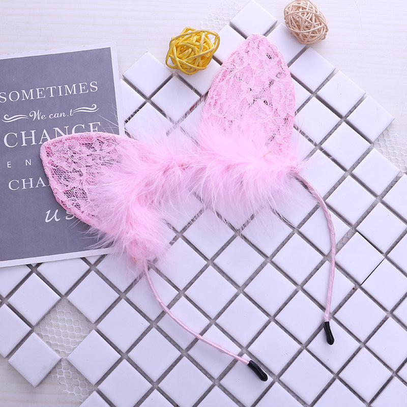 Kawaii Feather Lace Cat Ear Headband UB95662