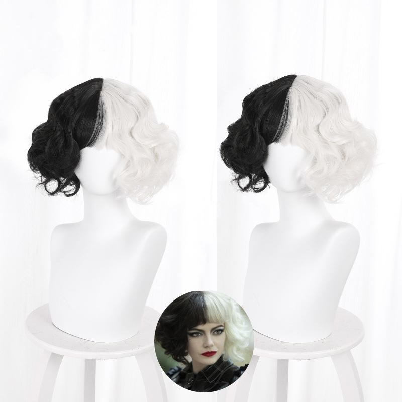 Half Black Half White Short Curly Cosplay Wig UB2447