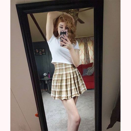 [ @peachgore._ ] “EMBROIDERED T-SHIRT + PLAID PLEATED SKIRT” TWO-PIECE W110803
