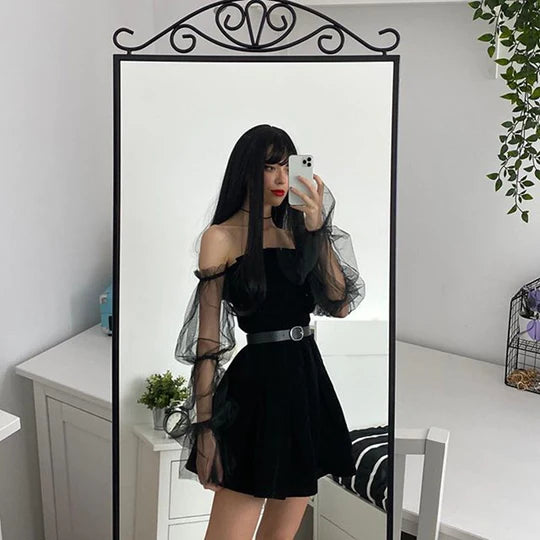 Black Puff Sleeve Off-shoulder Velvet Pleated Dress  UB96037