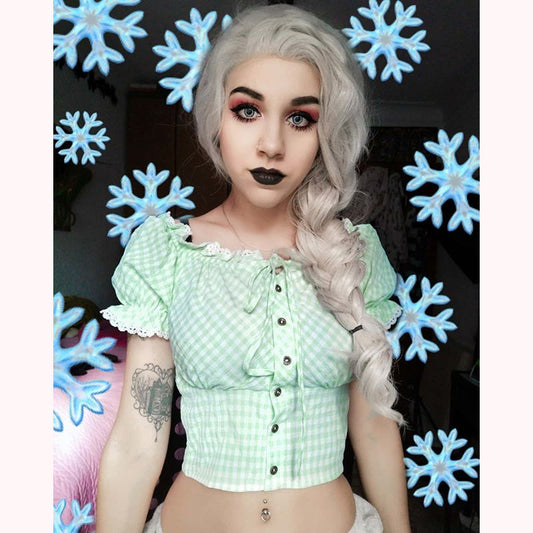 [@resauvi]  "GREEN PLAID OFF-SHOULDER" SHIRT K070407REVIEW