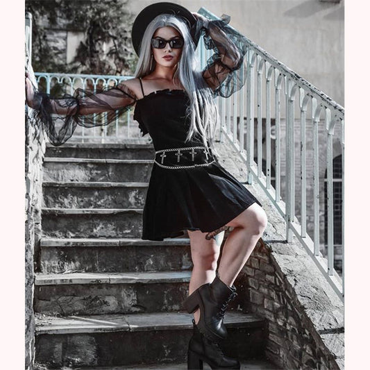 "BLACK PUFF SLEEVE OFF-SHOULDER VELVET" PLEATED DRESS K111822