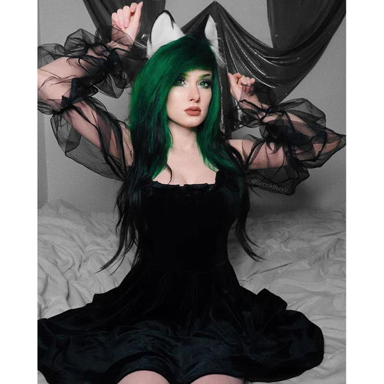 Black Puff Sleeve Off-shoulder Velvet Pleated Dress  UB96037