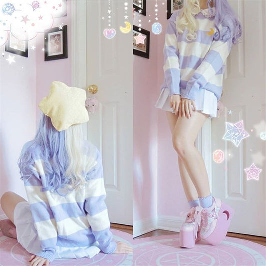 [@milkiiprincess] "EMBROIDERY MOON STRIPE" PULLOVER SWEATER K082807REVIEW