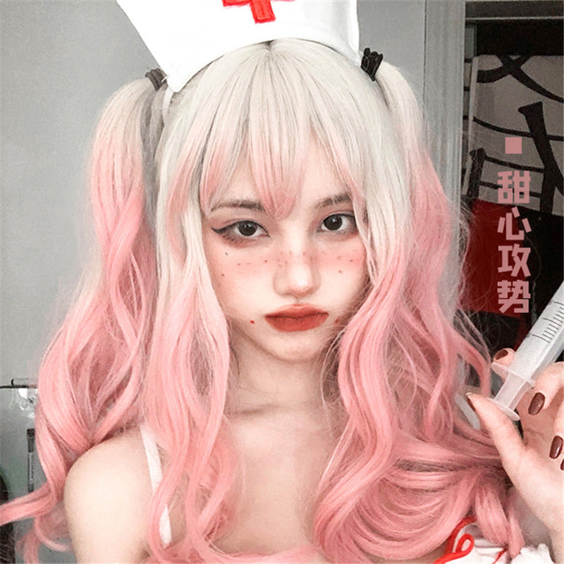 Blonde Gradient Pink Long Curly Hair Colored Wig UB6404