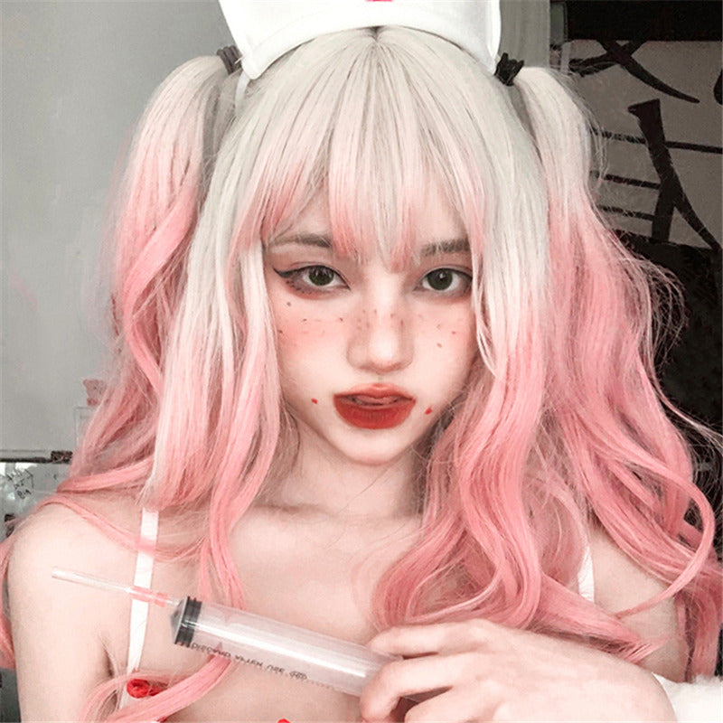 Blonde Gradient Pink Long Curly Hair Colored Wig UB6404