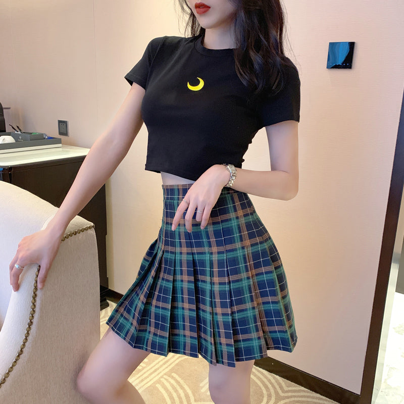 “EMBROIDERED T-SHIRT + PLAID PLEATED SKIRT” TWO-PIECE W110803