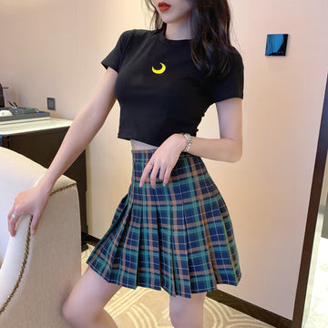 “EMBROIDERED T-SHIRT + PLAID PLEATED SKIRT” TWO-PIECE W110803