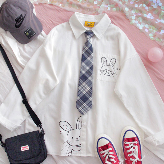"CUTE RABBIT HIDE AND SEEK" WHITE SHIRT WITH TIE S032505