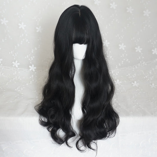 "BLACK WAVY AIR BANGS" LONG CURLY HAIR WIG S033103