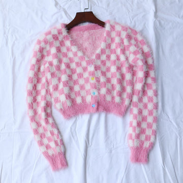 "RED / WHITE CHECKERS" SWEATER CARDIGAN S020802