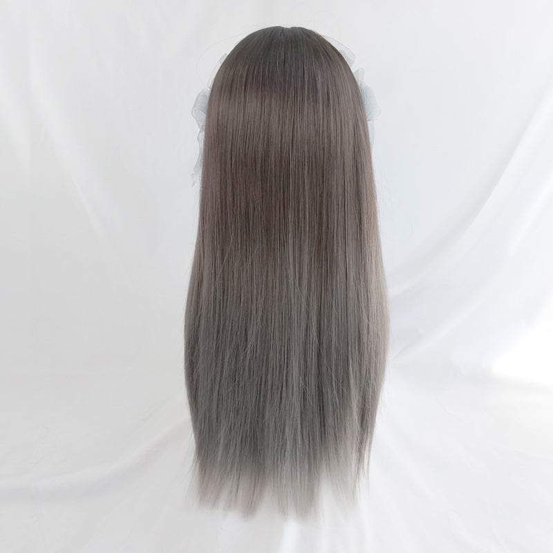 "Silver Grey Gradient Air Bangs" Long Straight Wig S033004