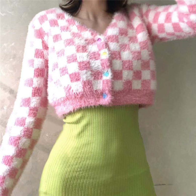 [ @jessicabelkin ]"RED / WHITE CHECKERS" SWEATER CARDIGAN S020802
