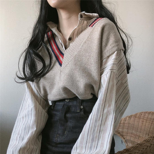 “STRIPE SHIRT & V-NECK SWEATER” SWEATER SUIT W102511