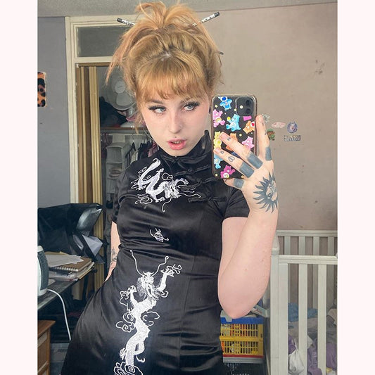 [@strawberry.hayes] "Dark Embroidered Dragon" Long Cheongsam Dress Y040703REVIEW