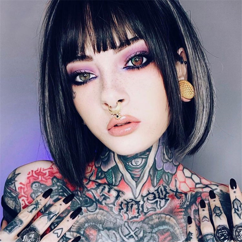 White Highlighting Black Short Straight Hair Wig UB3508