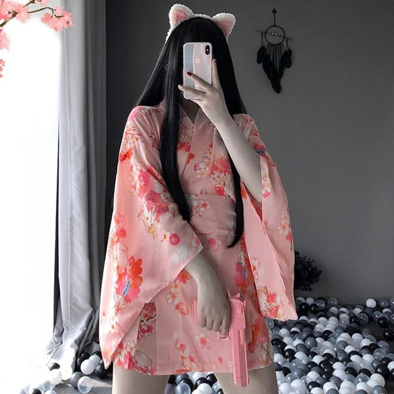 "Sakura Floral Vintage Print" Japanese Kimono Lingerie Y042118