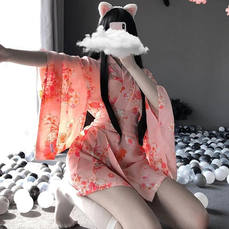 [@ronyahmononoke]"Sakura Floral Vintage Print" Japanese Kimono Lingerie Y042118