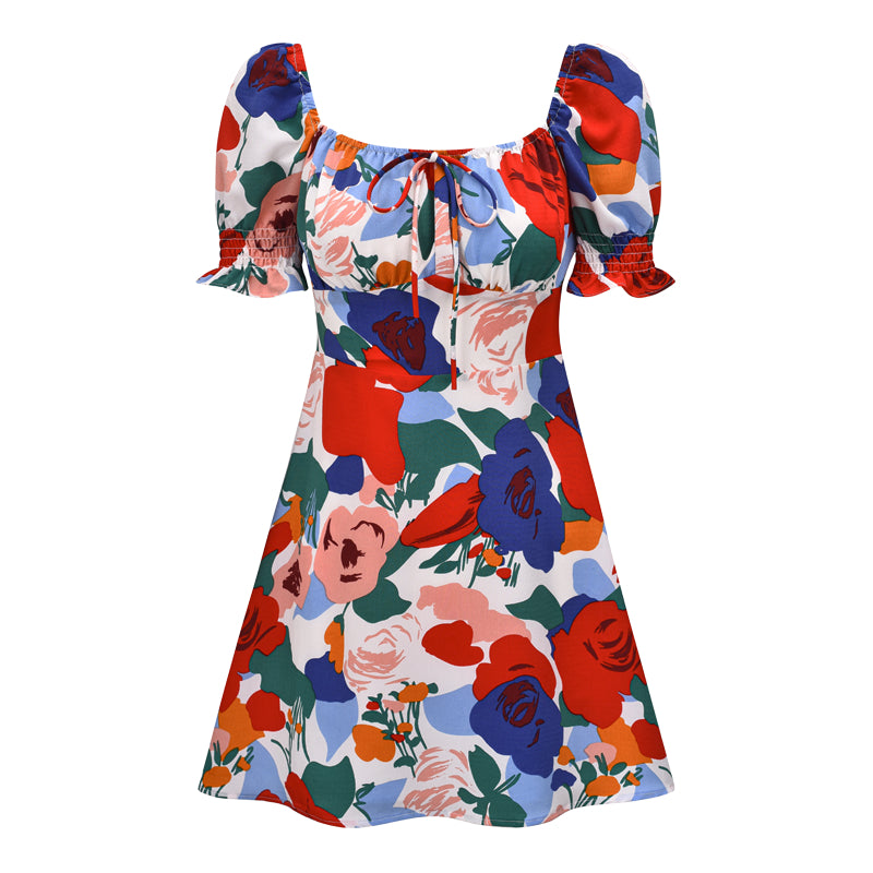 "SQUARE COLLAR PRINTED PUFF SLEEVE" DRESS UB2393