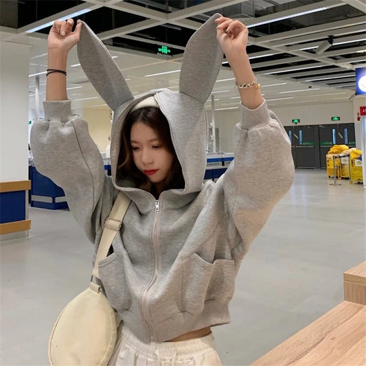 GRAY RABBIT EARS HOODED TOP UB2602