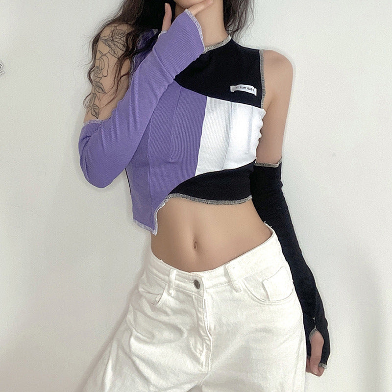 [@emily.ghoul ] "IRREGULAR CONTRAST COLOR STITCHING" CROP TOP ( FREE SLEEVES ) N111007