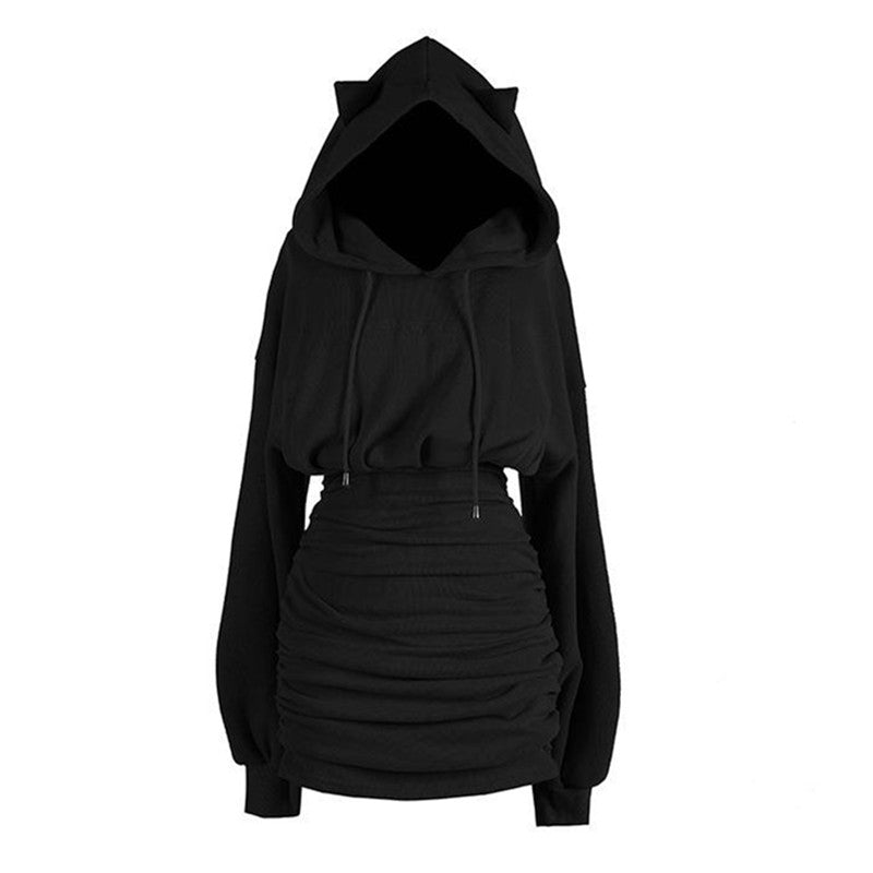 BLACK/PURPLE CAT EAR HOODIE DRESS UB2734