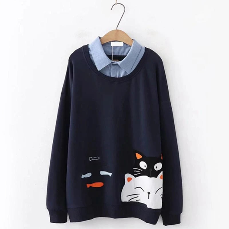 CUTE FISH CAT EMBROIDERED LAPEL SWEATER UB2674