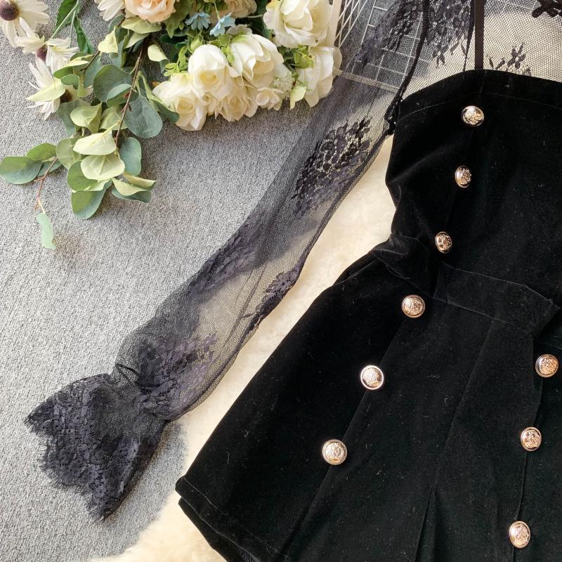 "BLACK LACE EMBROIDERED VELVET" JUMPSUITS N042404