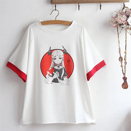 RED WHITE DEVIL GIRL PRINT T-SHIRT UB2670