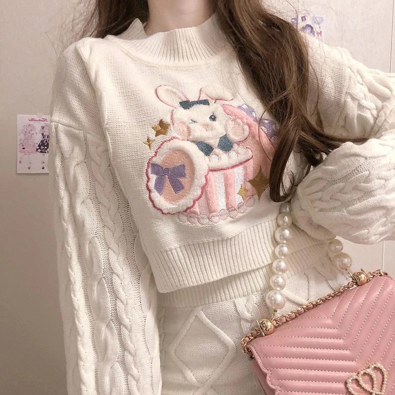"CUTE RABBIT BUNNY EMBROIDERY SWEATER" TOP/SKIRT N030901