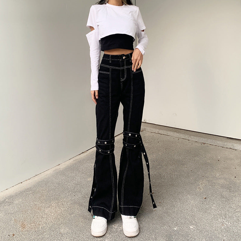 "DARK EYELET STRAPPY CASUAL" JEANS N033001