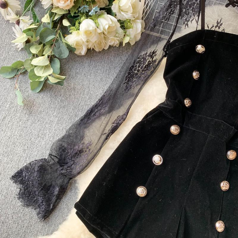 "BLACK LACE EMBROIDERED VELVET" JUMPSUITS N042404