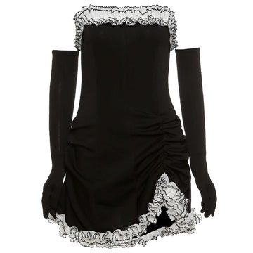 "BLACK WHITE RUFFLES LACE STRAPLESS" DRESS (WITH GLOVES) UB2465