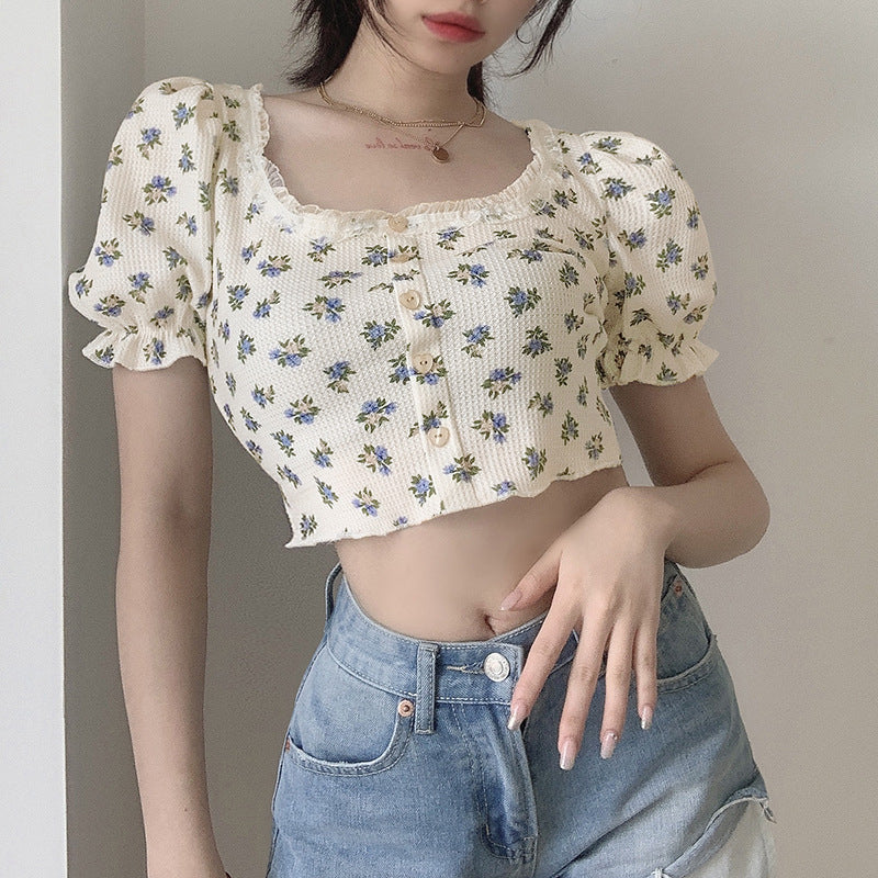 [@orchidsandhoney] "HEART BUTTON PUFF SLEEVE FLORAL" TOP N072205