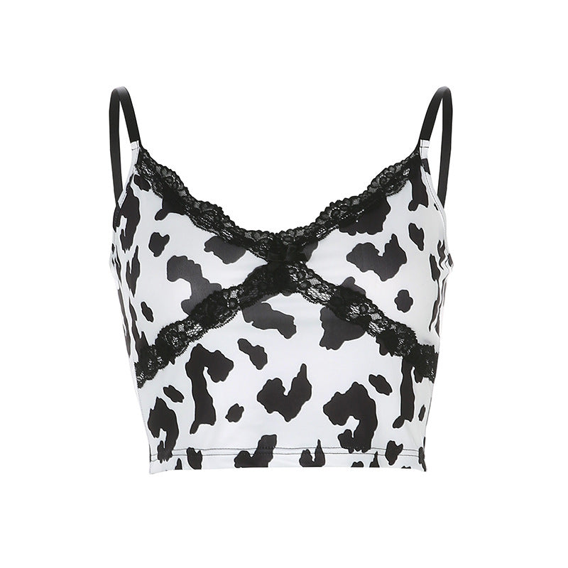 Cow pattern lace vest N092707