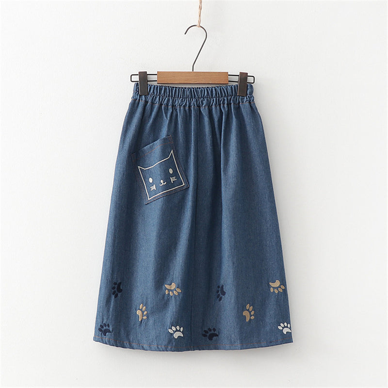 BLUE CAT FOOTPRINT EMBROIDERED DENIM SKIRT UB2498