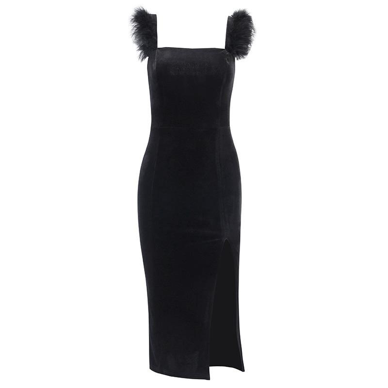 [@vsioana ]"BLACK SPLIT FUR SHOULDER" DRESS N111003