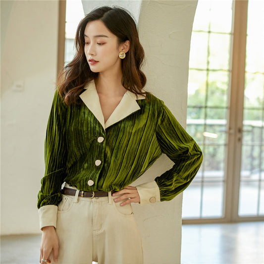 GREEN PLEATED VELVET LONG-SLEEVED SHIRT UB2837