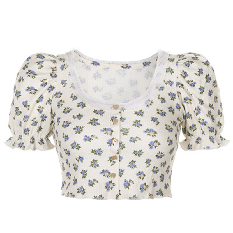 "HEART BUTTON PUFF SLEEVE FLORAL" TOP N072205