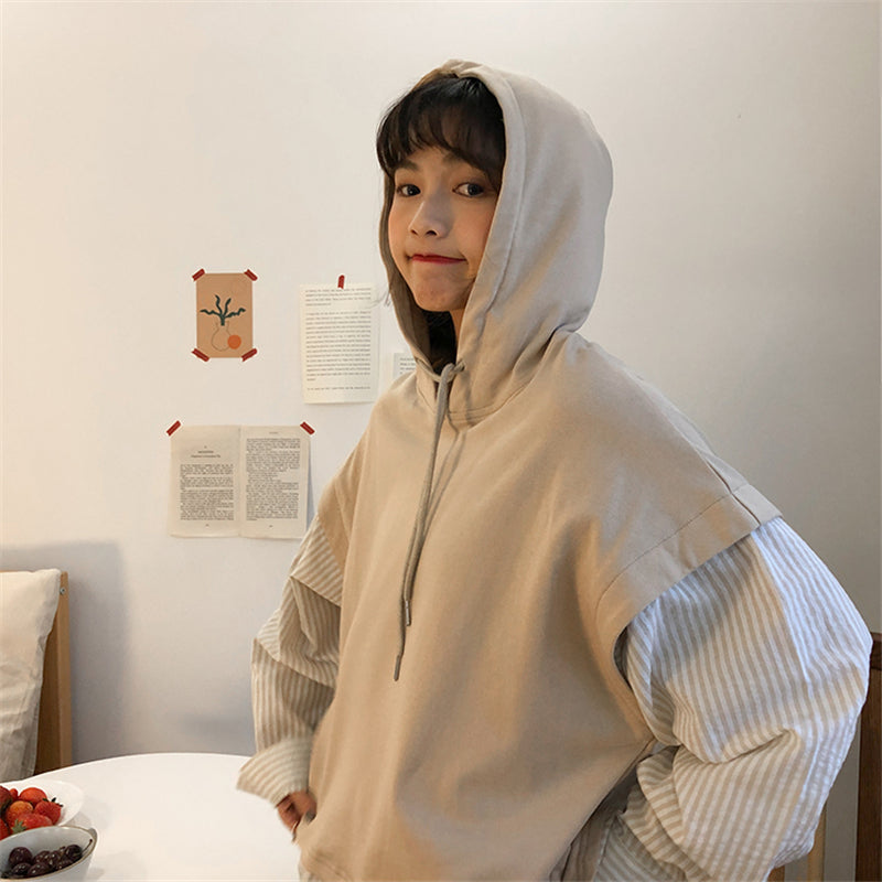 "COLORBLOCK STRIPED FAKE TWO-PIECE" HOODIE N091407