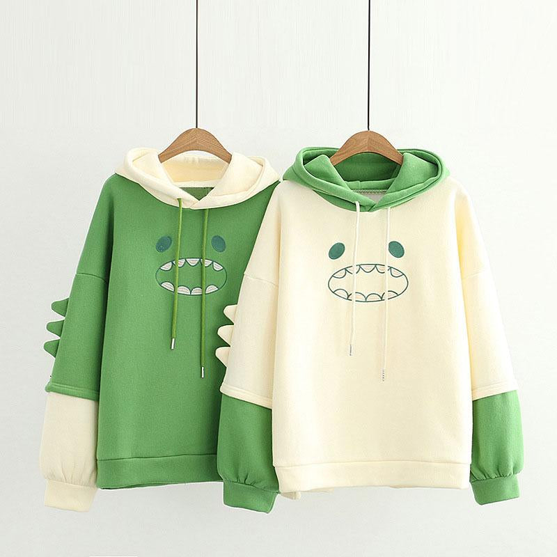 APRICOT GREEN STITCHING CUTE DINOSAUR HOODIE UB2641