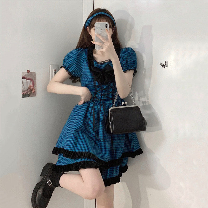 LOLITA BLUE PLAID BOW PUFF SLEEVE DRESS UB2731