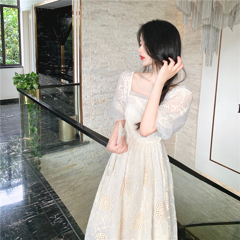 "WHITE RETRO HOLLOW EMBROIDERED FLOWER" DRESS N040804