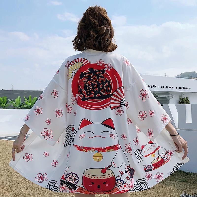 [@ronyahmononoke] BLACK WHITE SAKURA FORTUNE CAT CARDIGAN UB2639
