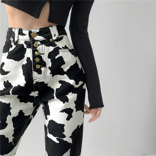 BLACK WHITE COW PRINT PANTS UB2486