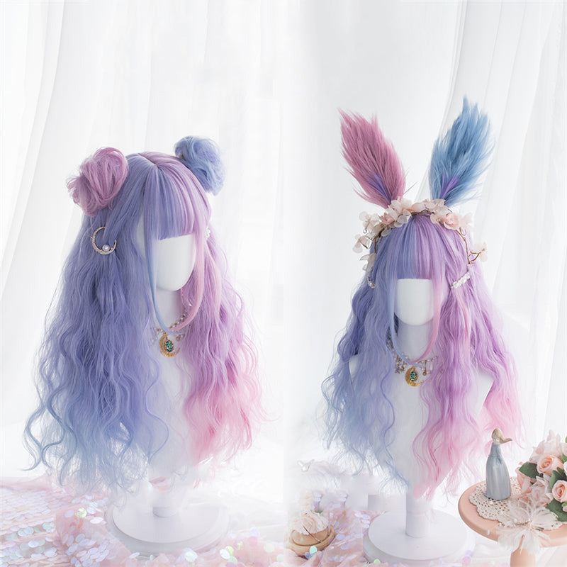 "BLUE PINK CANDY-COLOR LONG CURLY" WIG D051611